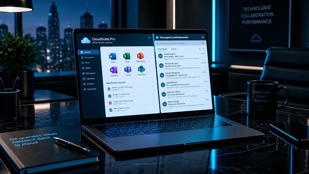 Ordinateur portable affichant une suite bureautique cloud et une messagerie professionnelle