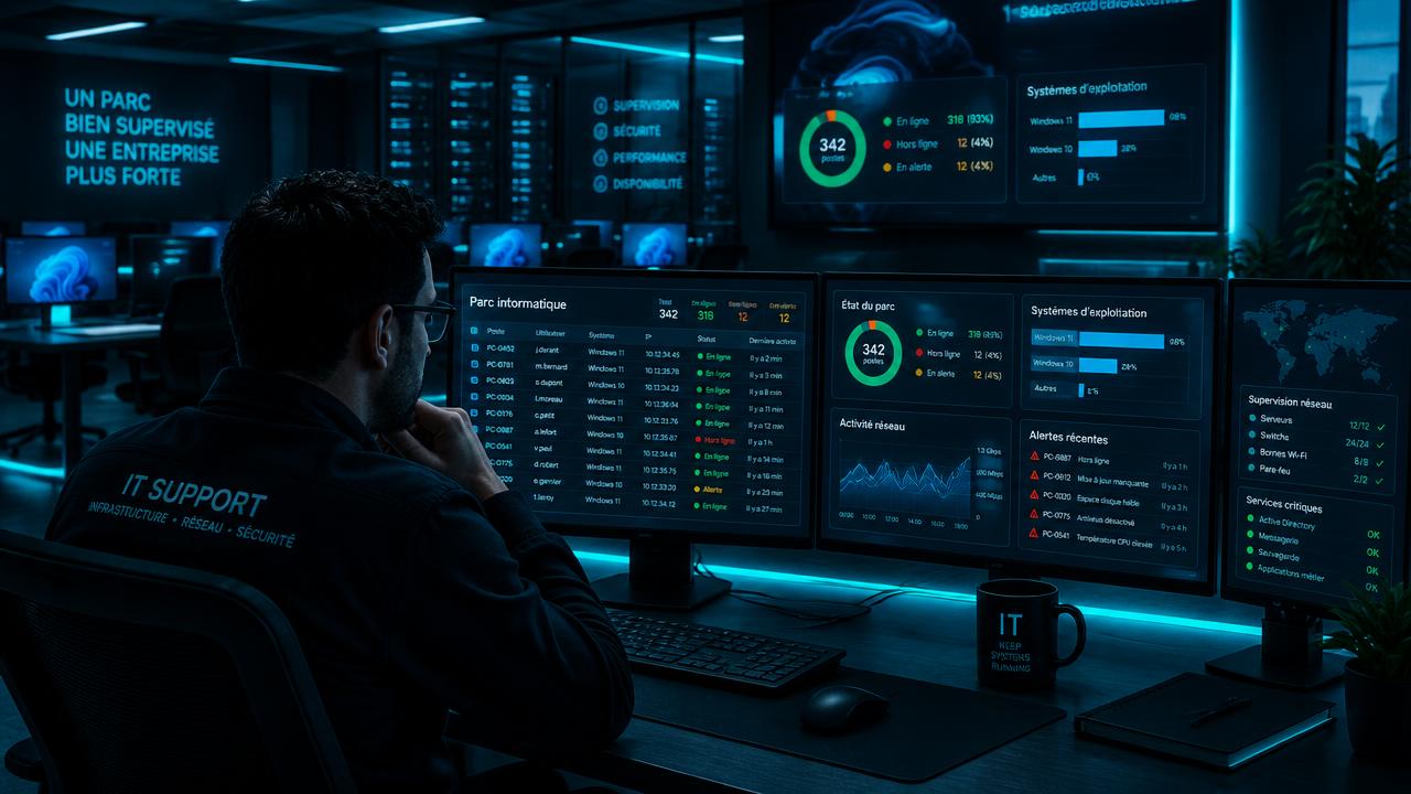 Technicien supervisant le parc informatique d'une PME sur plusieurs écrans