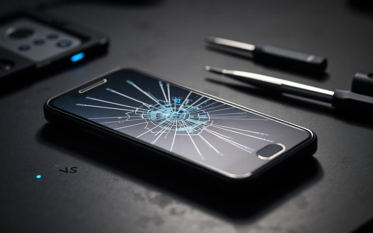 Smartphone avec écran fissuré posé avant réparation