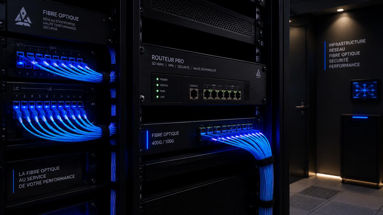 Baie technique d'entreprise avec routeur professionnel et raccordement fibre optique