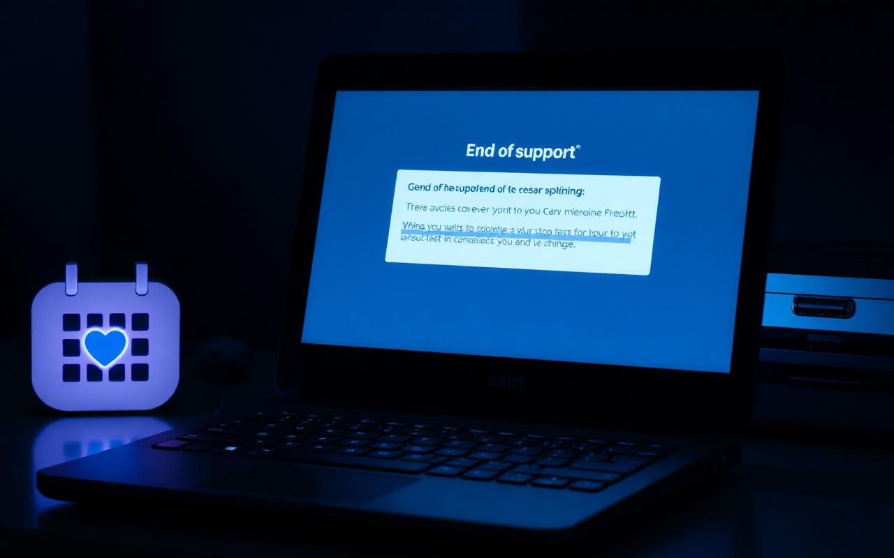 Ordinateur affichant un avertissement de fin de support système