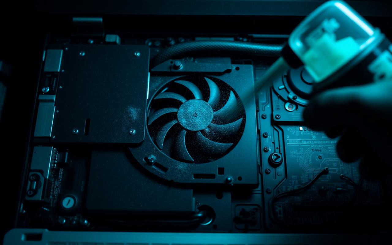 Nettoyage du ventilateur d'un ordinateur portable ouvert en atelier