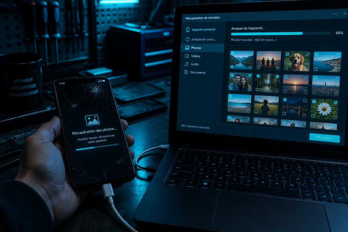 Téléphone à écran fissuré connecté à un ordinateur pour récupérer des photos