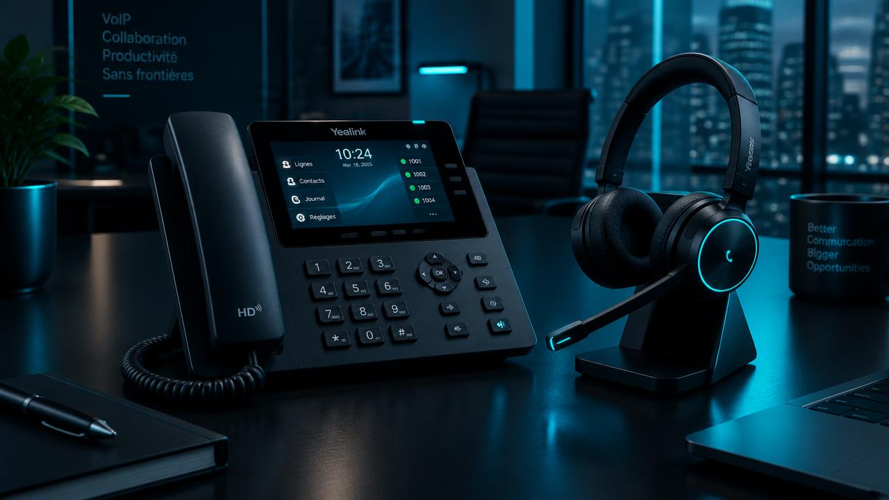 Téléphone IP professionnel et casque VoIP sur un bureau d'entreprise