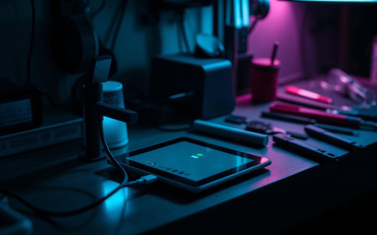 Tablette en charge sur un plan de travail de réparation