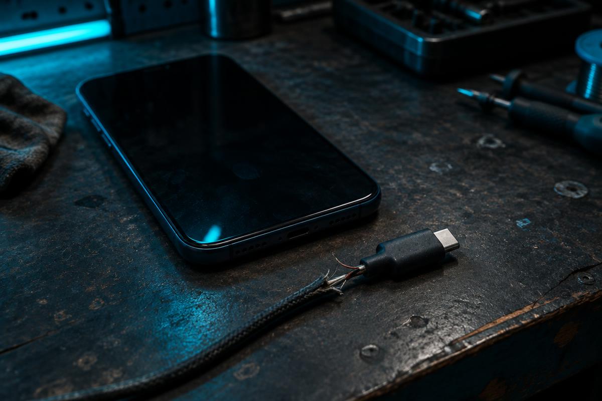 Smartphone posé sur un établi à côté d'un câble de charge abîmé